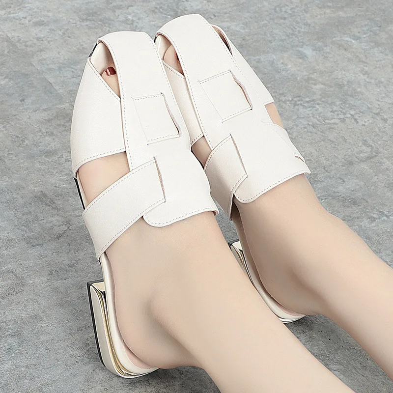 Sandals Women's 2023 New Baotou Slippers Wearing Women's Genuine Leather Fashion Flat Versatile Large-Size Women's Sandals