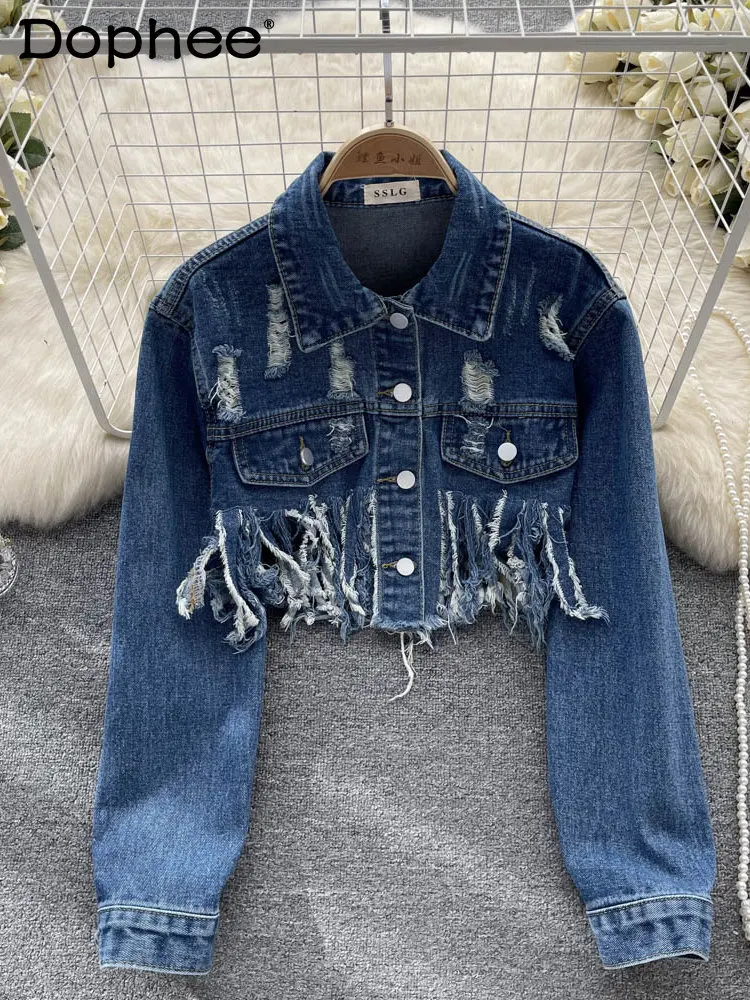 

2022 Autumn New Tassel Short Denim Jacket Women Fashion Ripped Jean Jacket Temperament Lapel Long Sleeve Coat Tops Y2k Outerwear