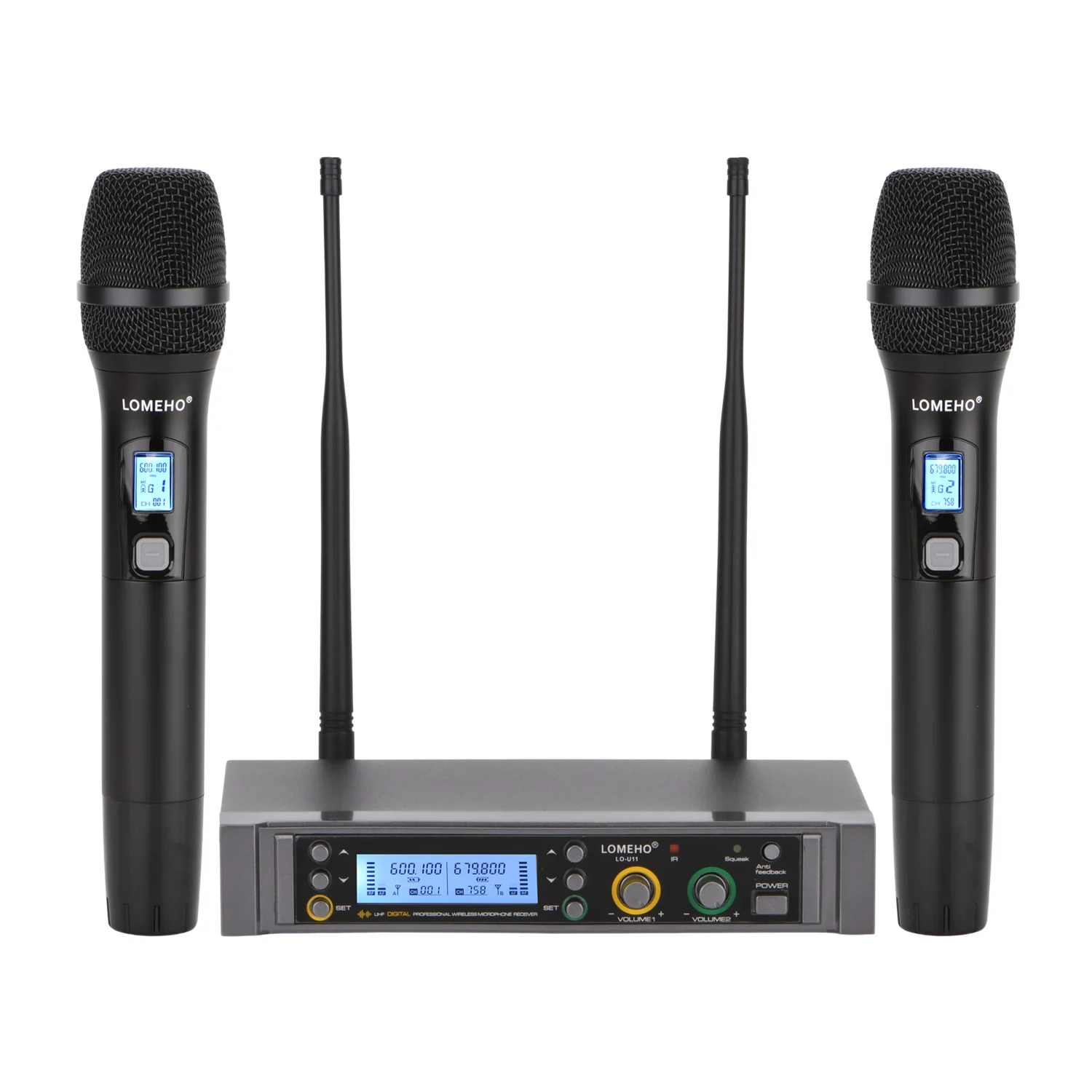 

Lomeho LO-U11 2 Way 2X380 Multi Frequency DC 5V Anti-feedback Mute DJ Party Karaoke Church Metal Handheld Wireless Microphone