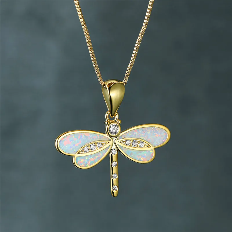 

New Fashion Opal Dragonfly Pendant Necklace for Women Silver Color Necklace Women Vintage Wedding Jewelry Gift