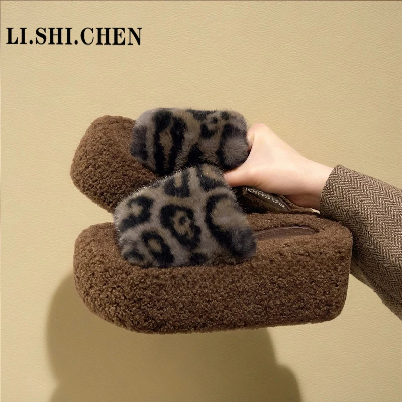 Домашние тапочки женская обувь на платформе роскошные шлепанцы зимняя меховые