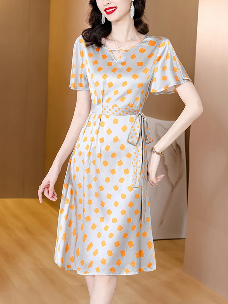 

Летнее шелковое атласное роскошное платье миди с принтом, женское элегантное облегающее платье с коротким рукавом, модель 2023 года, корейско...
