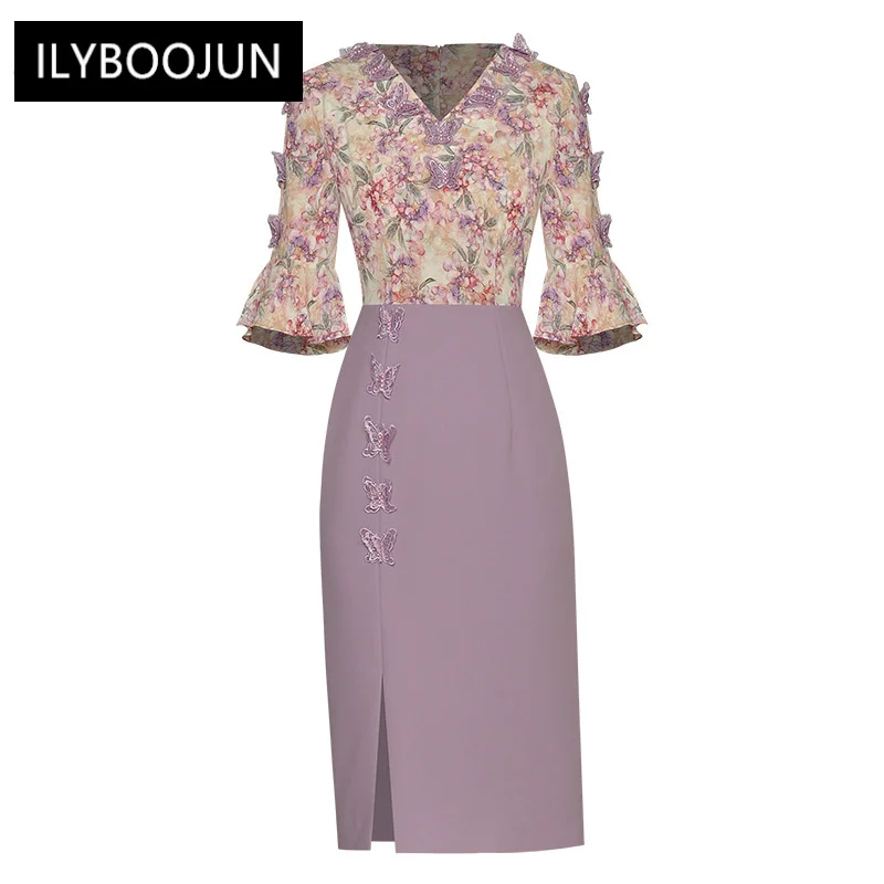 

Elegant Casual Women's Dresses 2022 Runway Autumn Luxury V Neck Butterfly Decal Flare Sleeve Floral Patchwork Slim Women Dresses