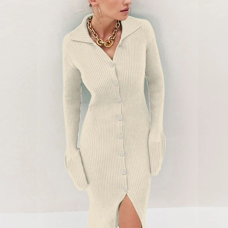 Женское трикотажное платье-свитер с V-образным вырезом и длинным рукавом - купить