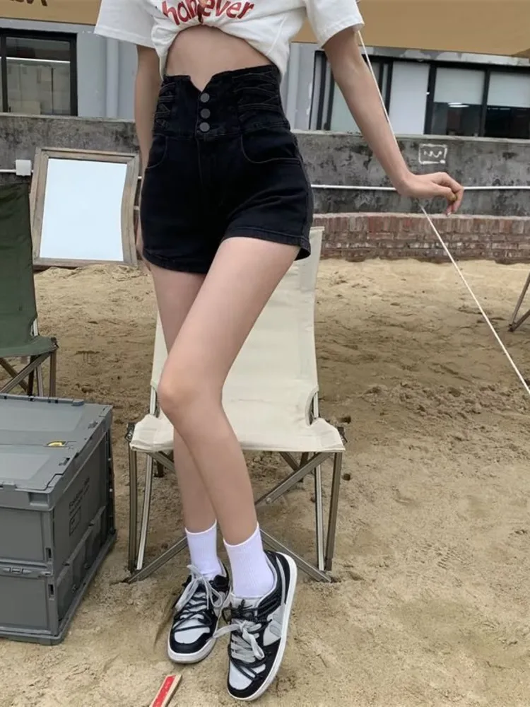 Feynzz's ultra-high waist denim shorts women's summer new thin elastic ins net red a-line hot pants tide section