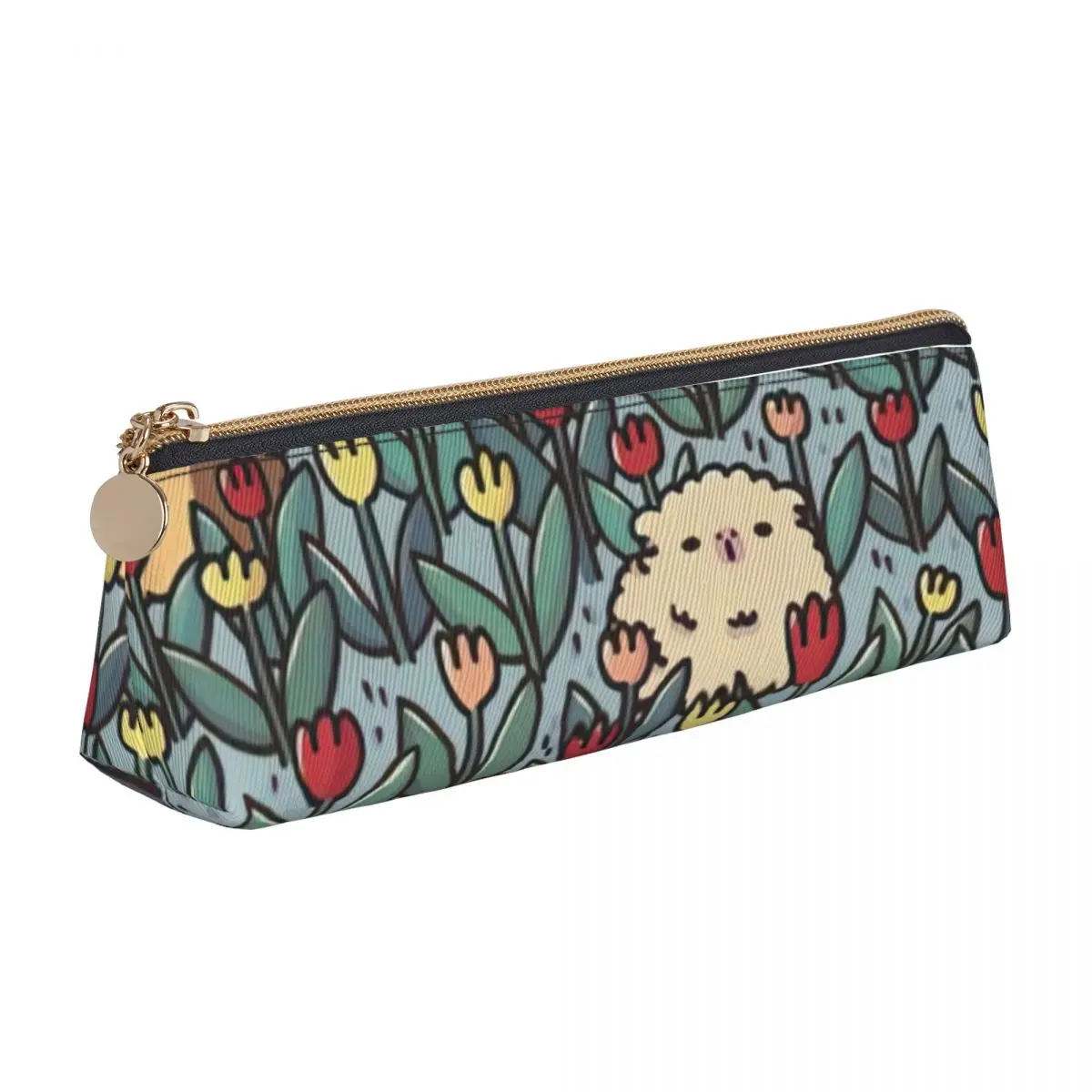 

Guinea Pig Triangle Pencil Case Tulip Flower Print School Big Zipper Pencil Box Teenager Retro Leather Pen Bag