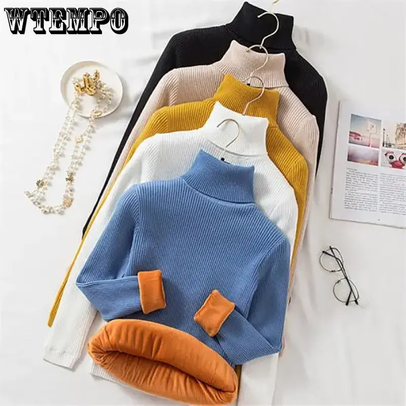 

Turtleneck Velvet Thickened Women's Sweater Pullover Long Sleeve Tight Warm Knit Undercoat Top Simple Basic Jumper Autumn Winter