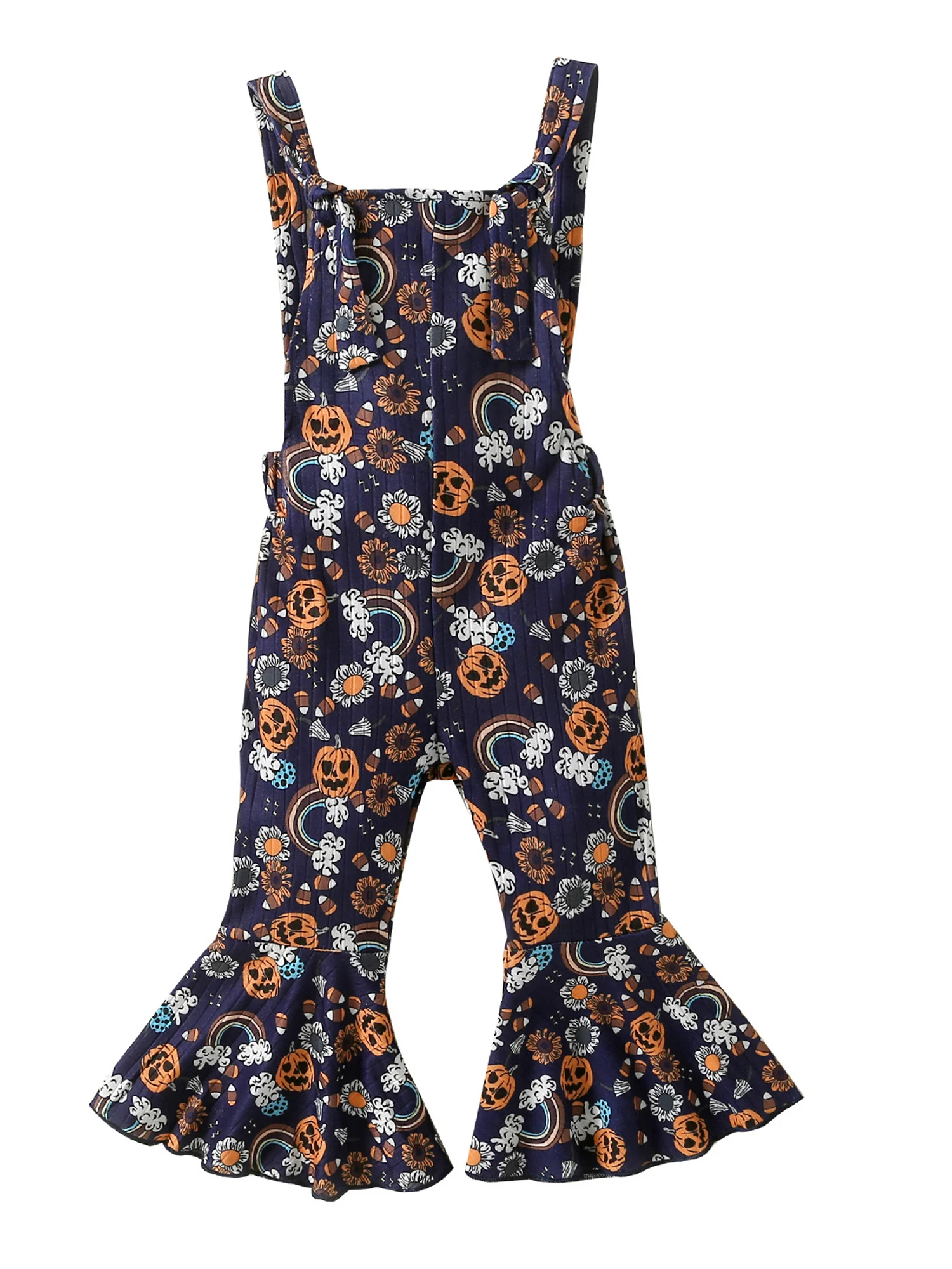 

Toddler Kids Baby Girls Halloween Outfits Strap Romper Pumpkin Print Jumpsuit Sleeveless Flared Pants Bell Bottom Overall Set