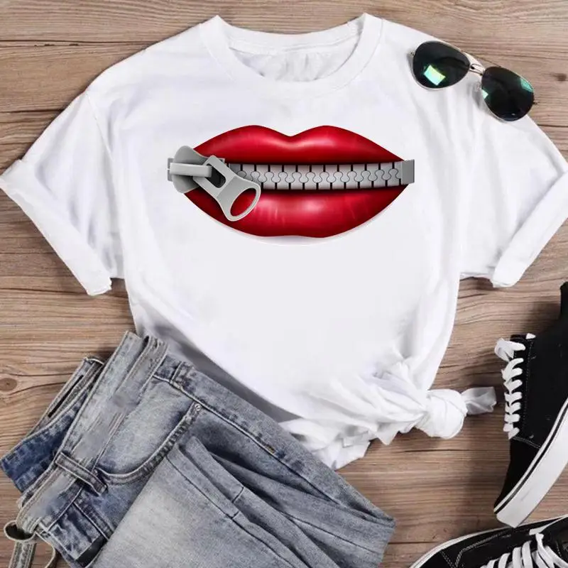 

Women funny lip watercolor style Print T Shirt Female Graphic Top Short Sleeve Fashion Summer Tshirt casual Cartoon Tee T-Shirt