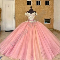 3d flowers quinceanera dresses exquisite pink party vestido gold appliques off the shoulder for 15 girls puffy ball gowns
