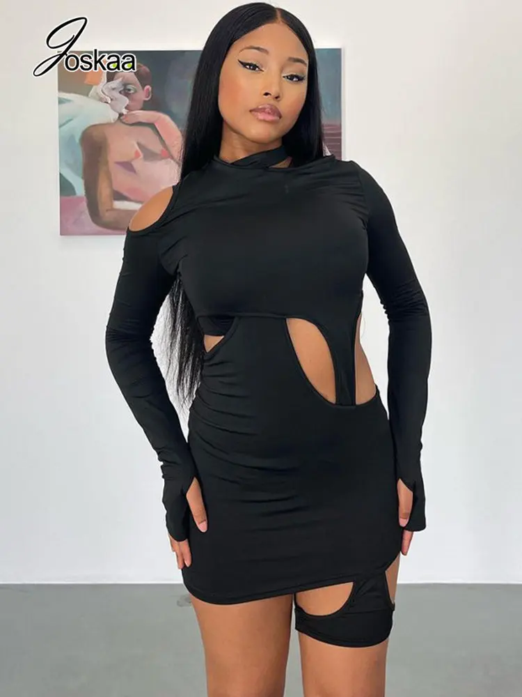 

Joskaa Black Off Shoulder Mini Dress Sexy Hollow Out Long Sleeve Slim Irregular Dresses for Women 2022 Elegant Midnight Clubwear