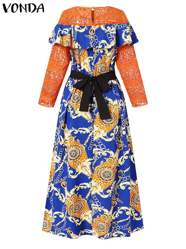 Plus Size Women 2023 Summer Maxi Dress VONDA Lace Patchwork Belted Printed Party Sundress Long Sleeve Casual Ruffled Robe