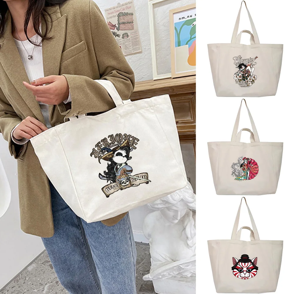 

Shoulder Bag 2022 Women Travel Canvas Shopping Bags Student Style Harajuku Casual Wild Handbag Samurai Print Portable Organizer