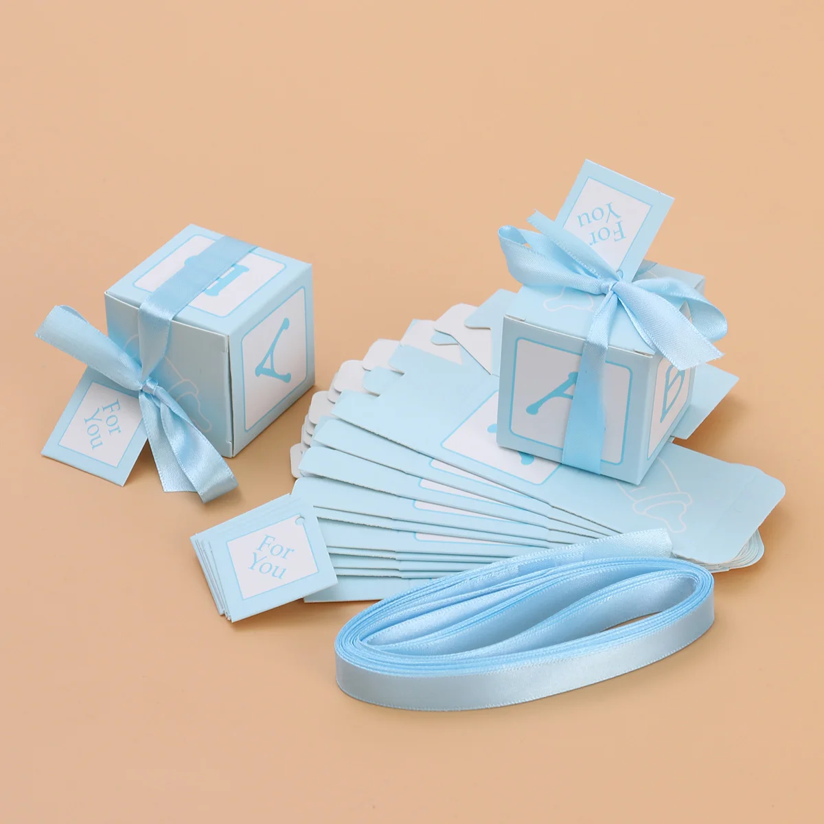 12pcs Wedding Baby Shower Candy Boxes Printed with Stitched Ribbon and Cards Decent Chocolate Treat Boxes(Blue)