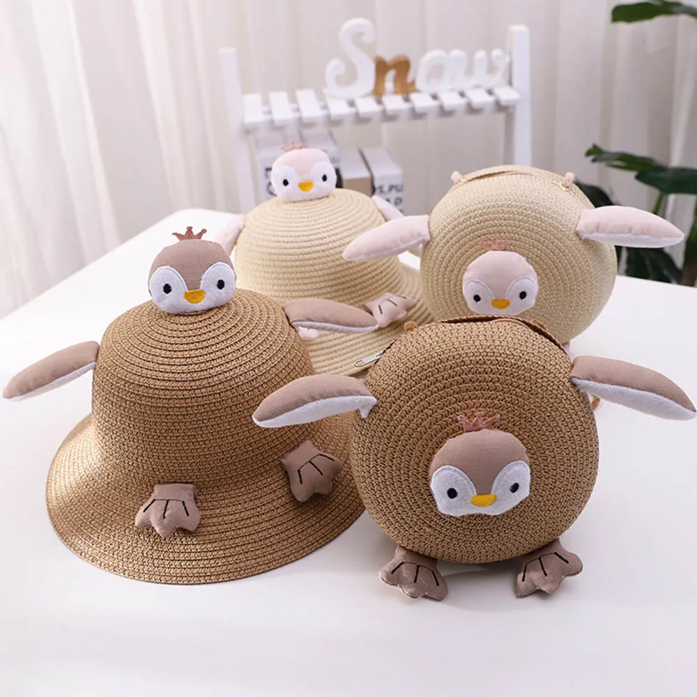 

Соломенная шляпа для мальчиков и девочек, Панама с защитой от УФ излучения, с мультяшным рисунком, сумочка, Воздухопроницаемый головной убо...