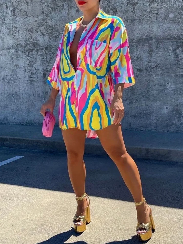 

WUHE Colorful Tie Dye Single Breasted Turn-down Collar Blouse Satin Dresss Women Shirt Style Fashion Dress Streetwear