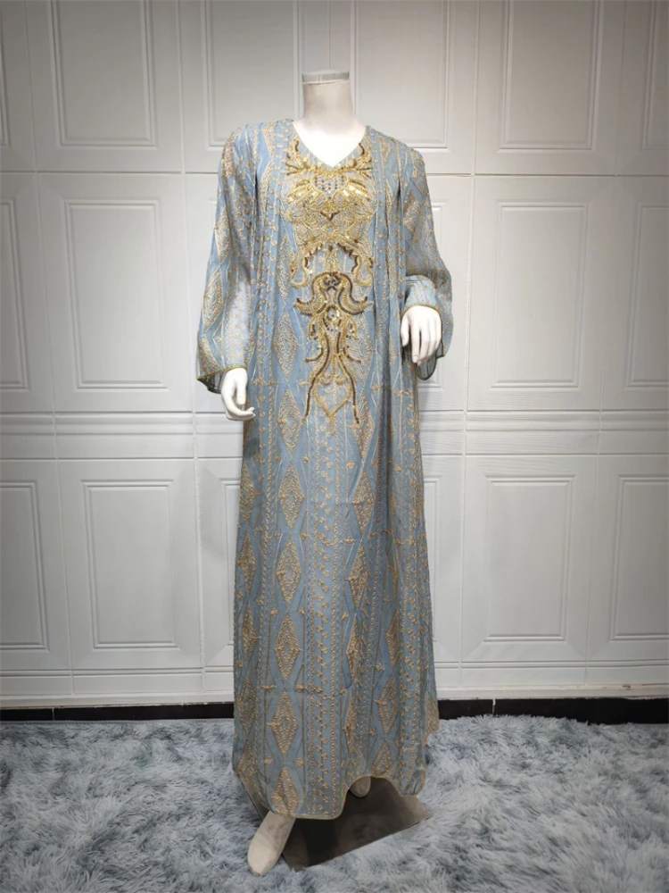Jalabiya Ramadan 2023 Kuwaiti Kaftan Dubai Luxury Sequins Ethnic Embroidery Long Dresses Vintage Women Abaya Happy Eid Mubarak