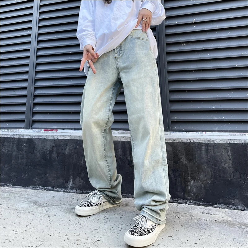 Men's Wear New Vintage Casual Jeans Yellow Mud Dyed Broad Leg Pants High Street Loose Straight Trousers Autumn and Winter Female