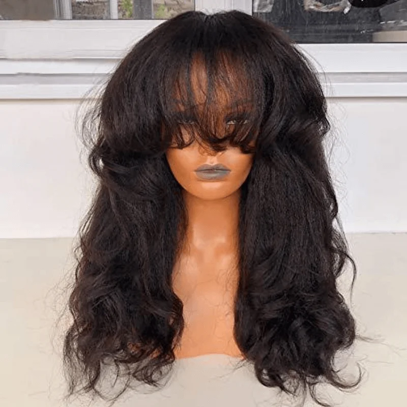 

200%Yaki Wavy Human Hair Wigs with Bangs Full Machine Made Wig Brazilian Virgin Human Hair Yaki Wave Wig For Woman Natural Color