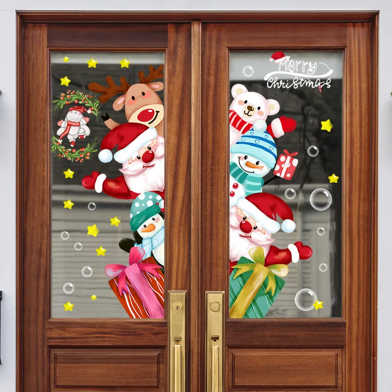 

Santa Snowman Merry Christmas Wall Sticker for Glass Window/Door Home Festive Decoration Mural Decals Wallpaper Elk Bear Sticker