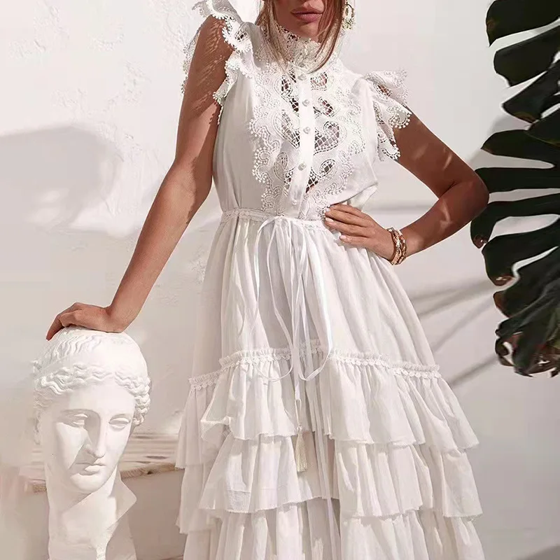 

Retro Solid Color Dress Women Stand Collar Sleeveless High Waist Loose Mid Length Dress Fashion Summer Sleeveless Ladies Dress