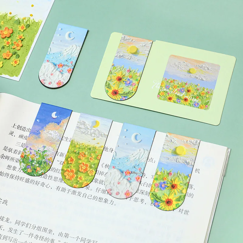 Romantic Flower Sea Oil Paintings Magnetic Bookmark Creative Stationery Bookmarks Page Flag School Office Supplies Gift