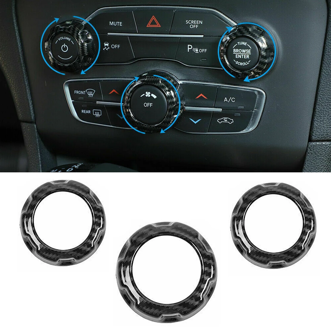 

3 шт./компл. черная текстурная крышка переключателя кондиционера из углеродного волокна, подходит для Dodge Challenger, Charger 2015-2021 2022 ABS