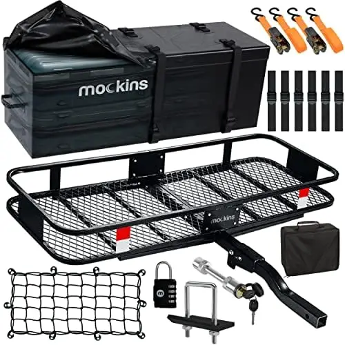 

60x20x6 Folding Trailer Hitch Mount Cargo Carrier 500lb Cap & 16 Cu Ft Waterproof Cargo Bag | Tow Hitch Vehicle Cargo Basket pe