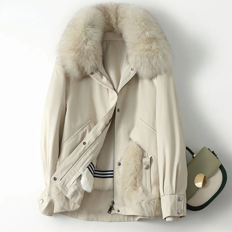 

Fashion Warm Winter Women's Fur Coat Real Rabbit Fur Liner Jacket Korean Style Casual Fox Fur Collar Clothes Veste Femme WPY4762