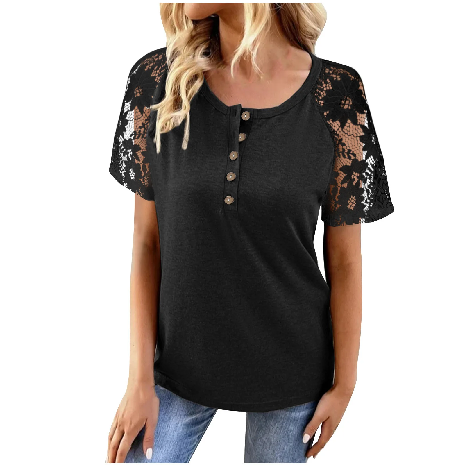 Women's Blouse 2023 Spring/Summer New Lace Shirt Spliced Short Sleeve Hollow Lace Shirt Solid Round Neck Shirt