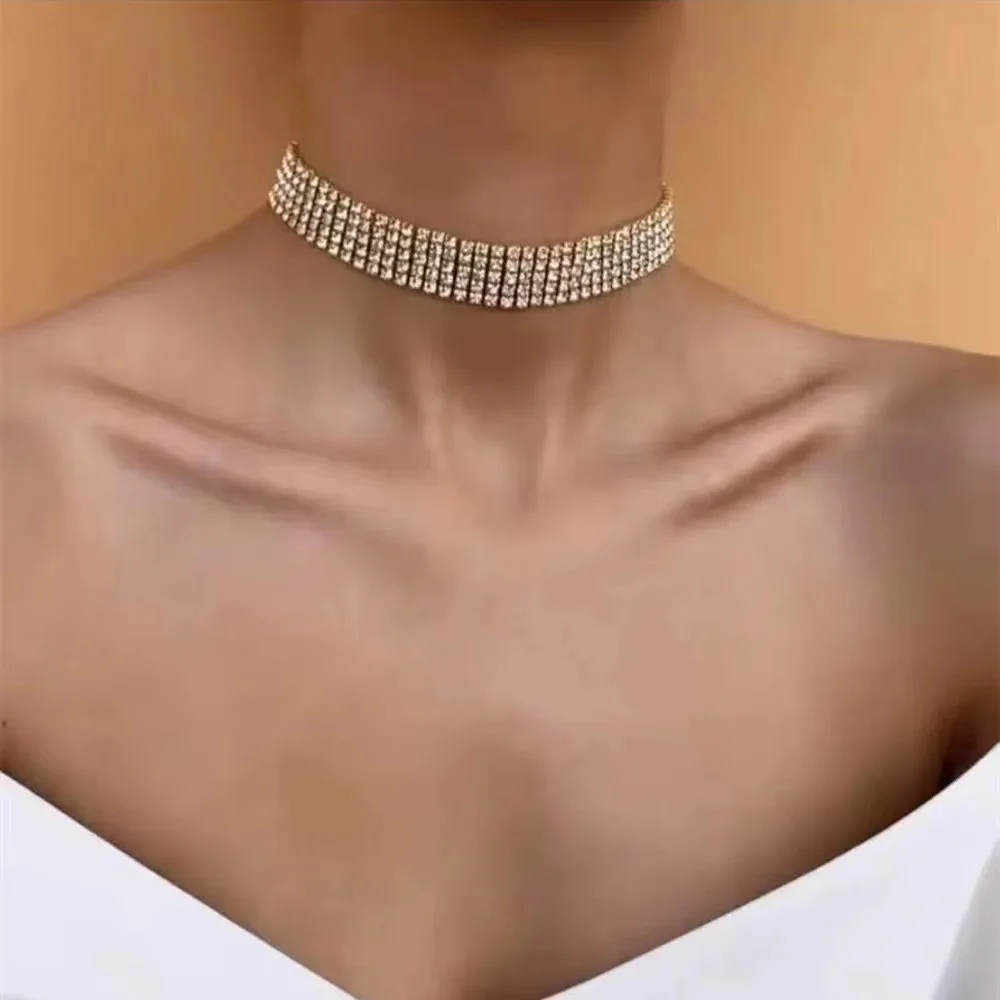 

New Luxury Women's 5-Row Crystal Neckband Collar Fashion Shining Rhinestone Jewelry Bridal Wedding Party Necklace Gift Wholesale