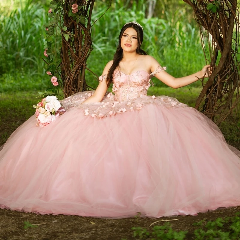 Женское розовое платье принцессы Quinceanera 2024 с открытыми плечами 3D Цветочные