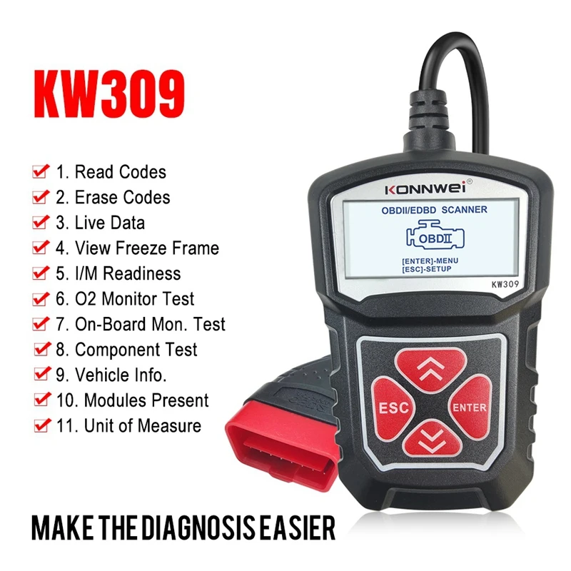 

Konnwei KW309 OBD2 Scanner Auto Car Diagnostic Tool OBDII CAN Scanner 12V
