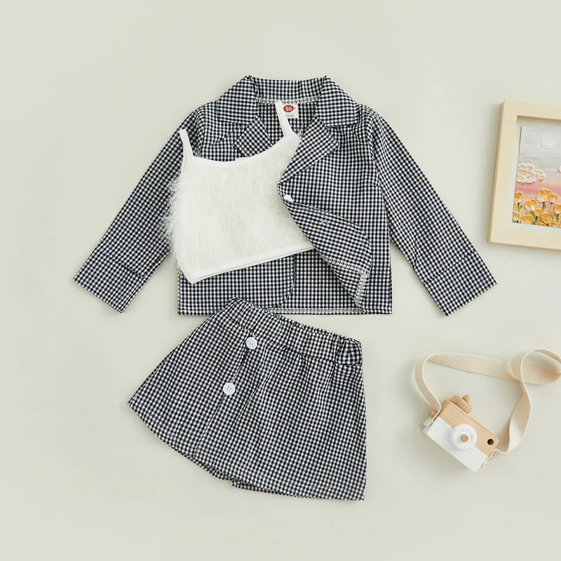 

Женская одежда, 3 шт., однотонная кофта на бретельках + короткая юбка + клетчатый костюм с длинным рукавом и отложным воротником, Детская осенняя одежда