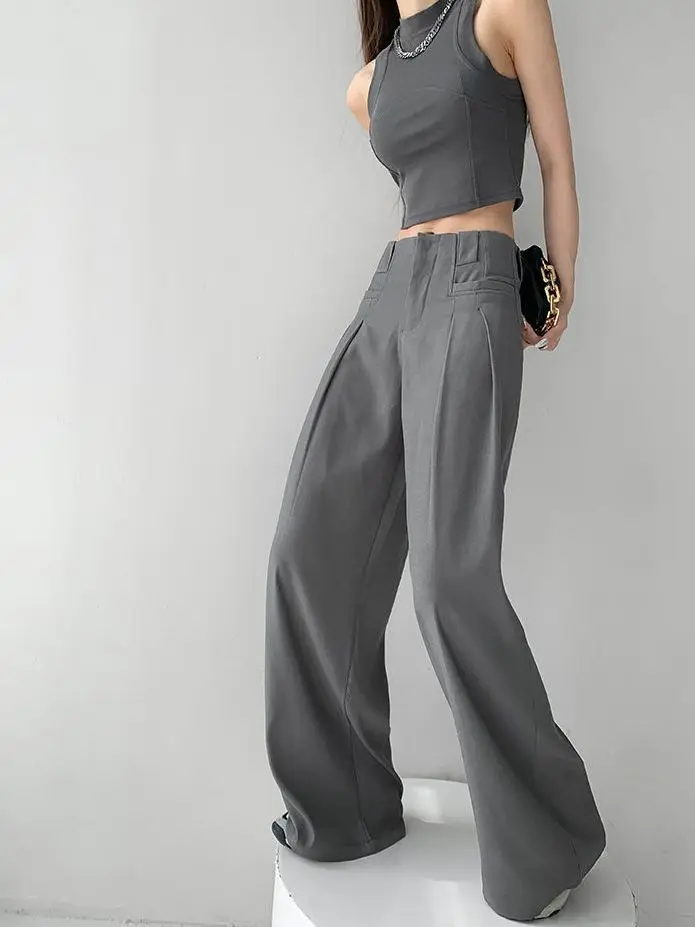 

Женские длинные брюки с высокой талией, новинка 2023, корейские шикарные повседневные Элегантные свободные брюки с широкими штанинами, одежда X23 для весны и осени