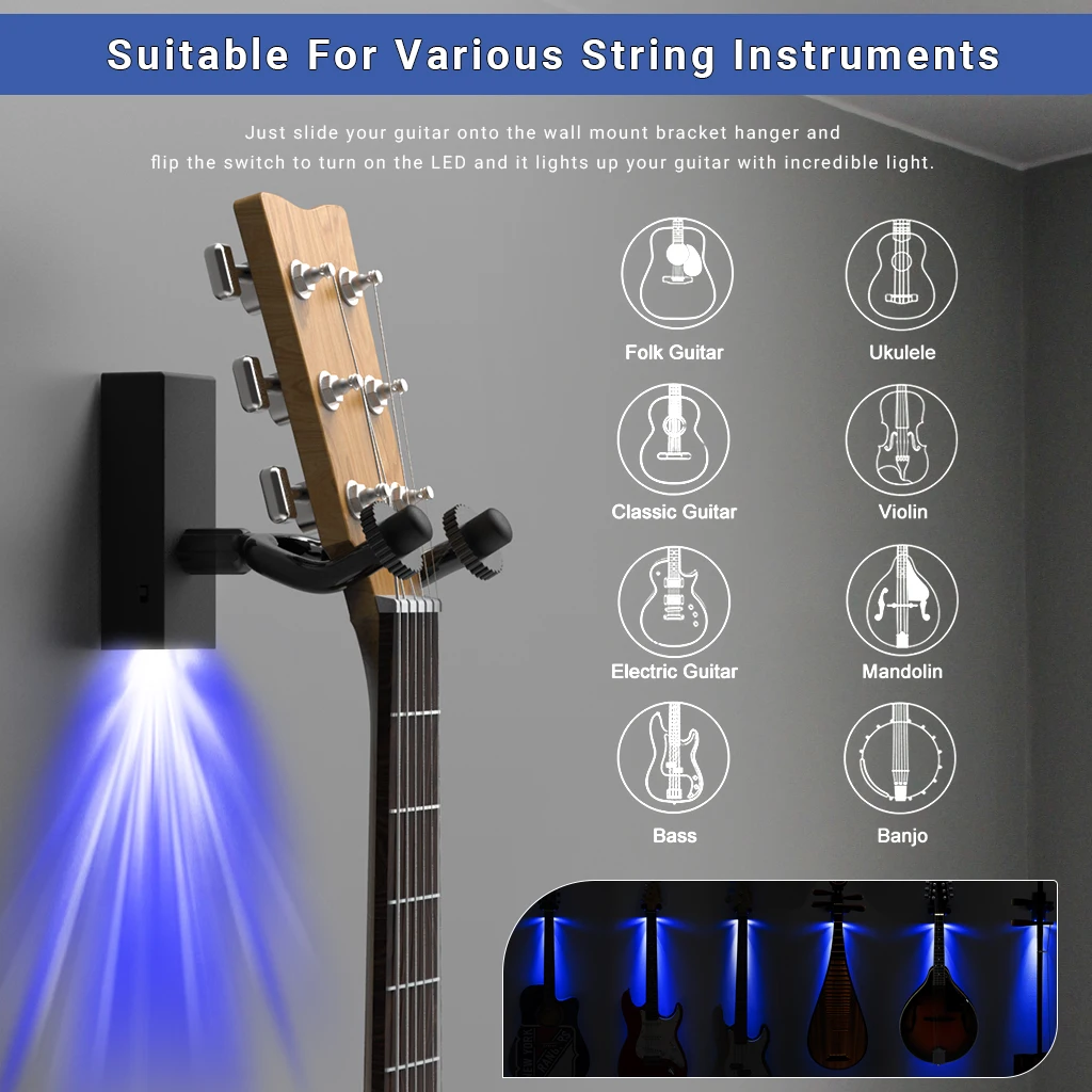3PCS Electric Guitar Wall Light Display Hook Hangers Atmosphere Guitar LED Lights Bass String Instruments Lamp Stand W/Screws RD enlarge