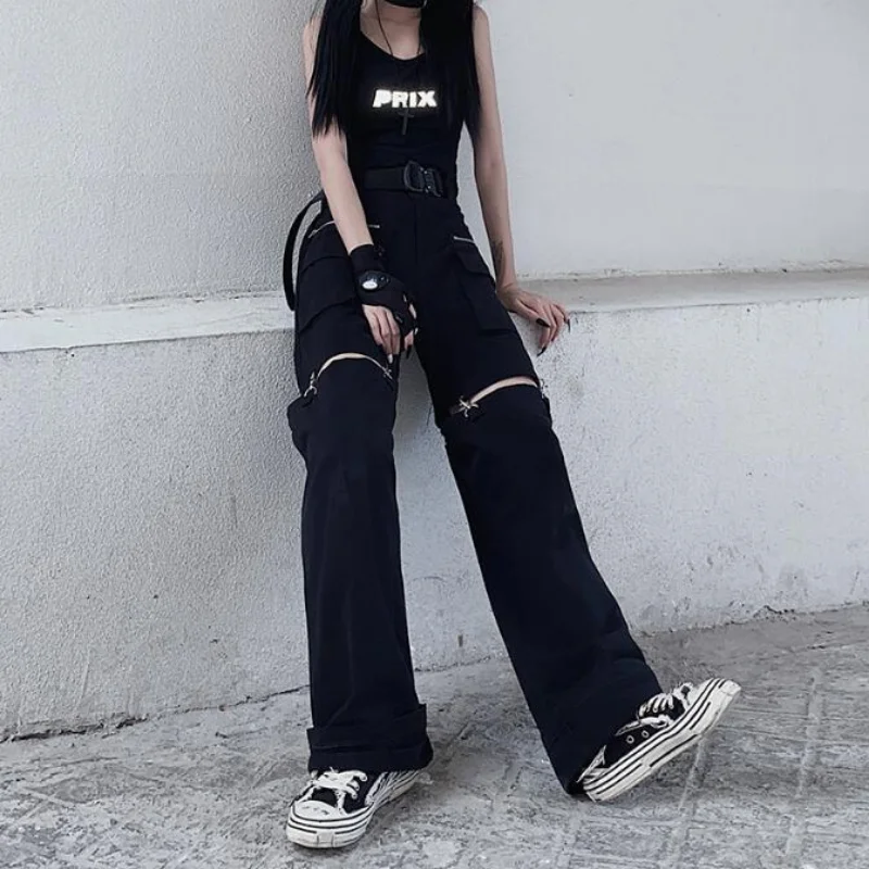 

Gothic Black Cargo Pants Women Punk Oversize Hollow Out Wide Leg Pocket Trousers Fashion Streetwear Female Goth Hip Hop