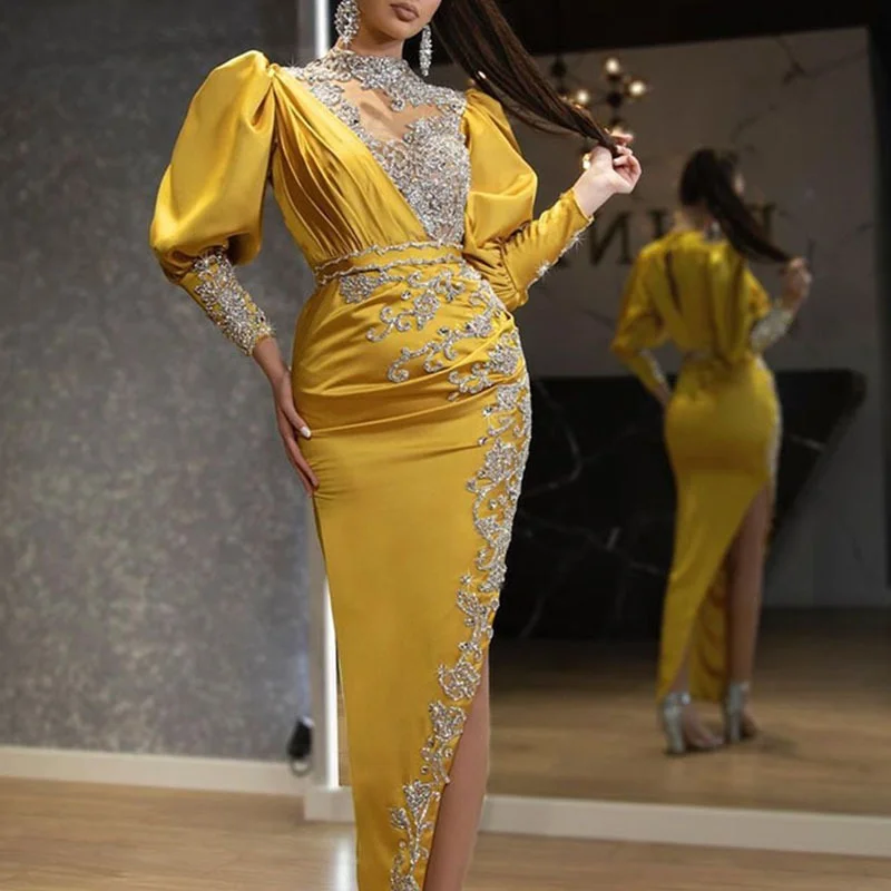 

Женское элегантное Деловое платье, атласное платье с блестками, облегающее банкетное вечернее платье, желтое платье с большим подолом и молнией разных размеров