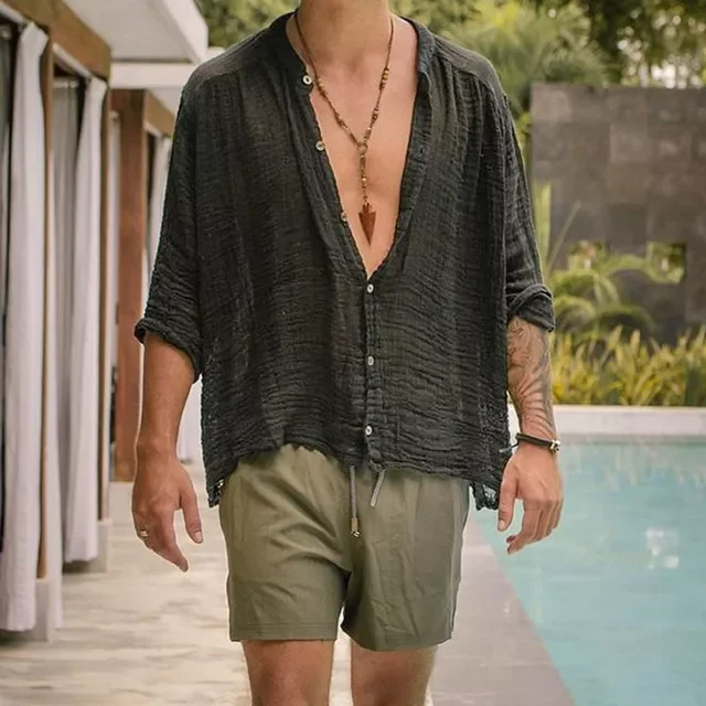 

New2022 New Men's Summer Linen shirt Male Sexy Breathable Loose shirts Casual Solid Color Linen tshirt Tops S-4XL