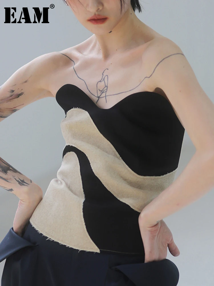 [EAM] Women Apricot Color-block Knitting Tank Tops New V-collar Sleeveless Personality Fashion Tide Spring Autumn 2023 1DE4984