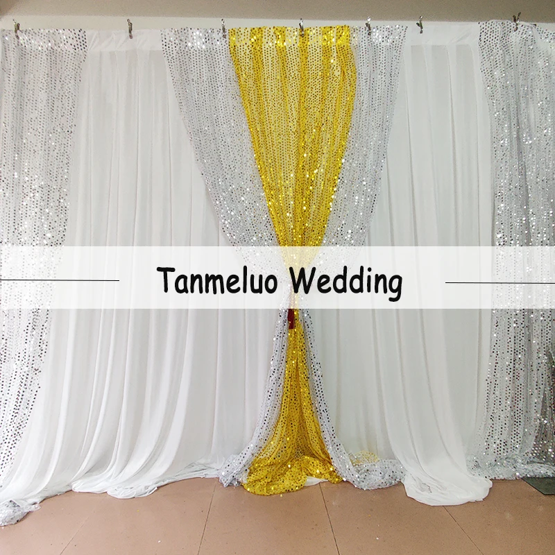

White Background Curtain with Silver and Gold Sequin Ice Silk Wedding Backdrop Glitter Stage Drapery for Event Party Decoration