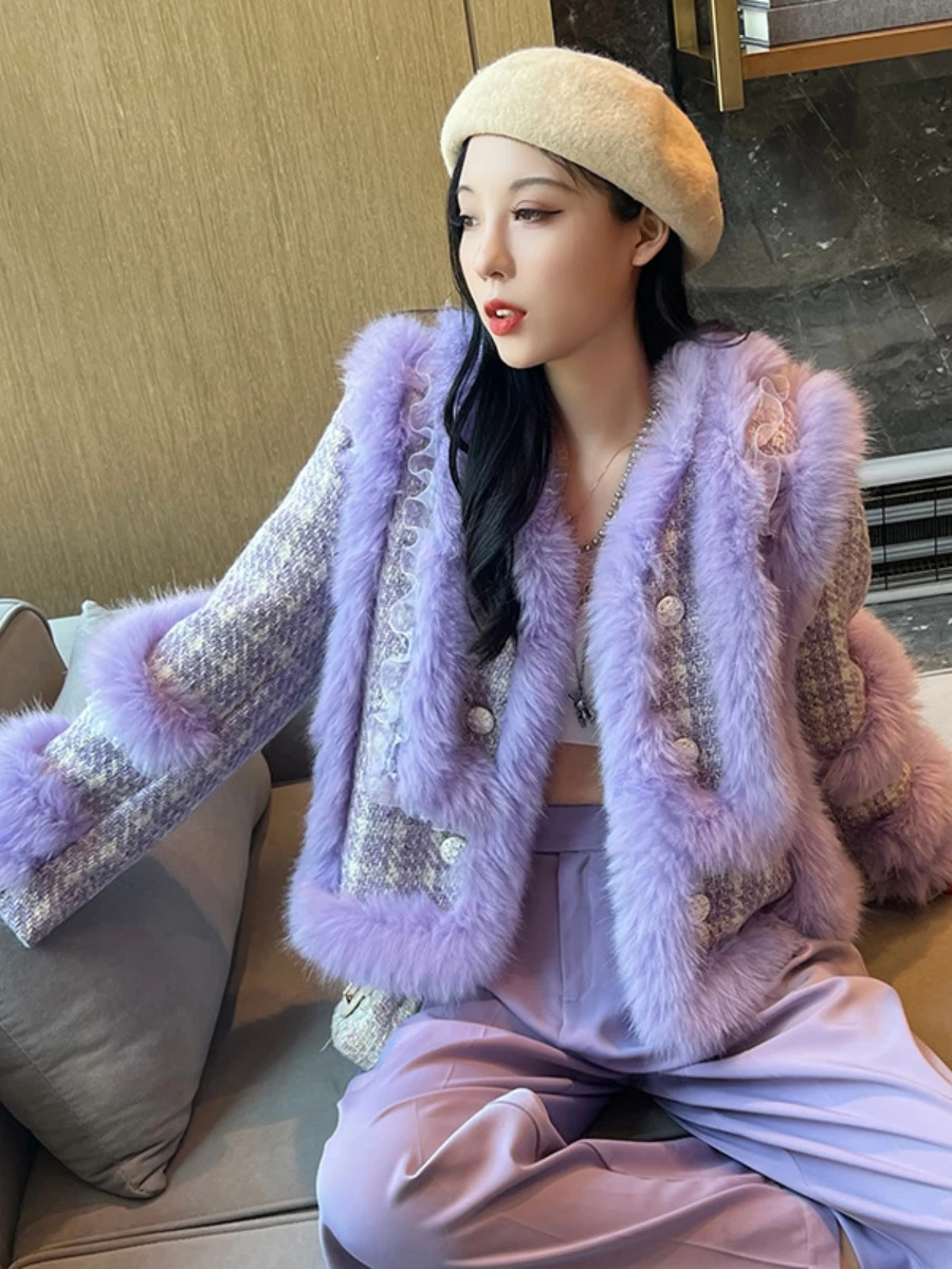 2022 Winter New Luxury Fox Fur Stitching Purple Fur Coat Women Socialite V-neck Long Sleeve Double Breasted Woolen Jacket Casaco