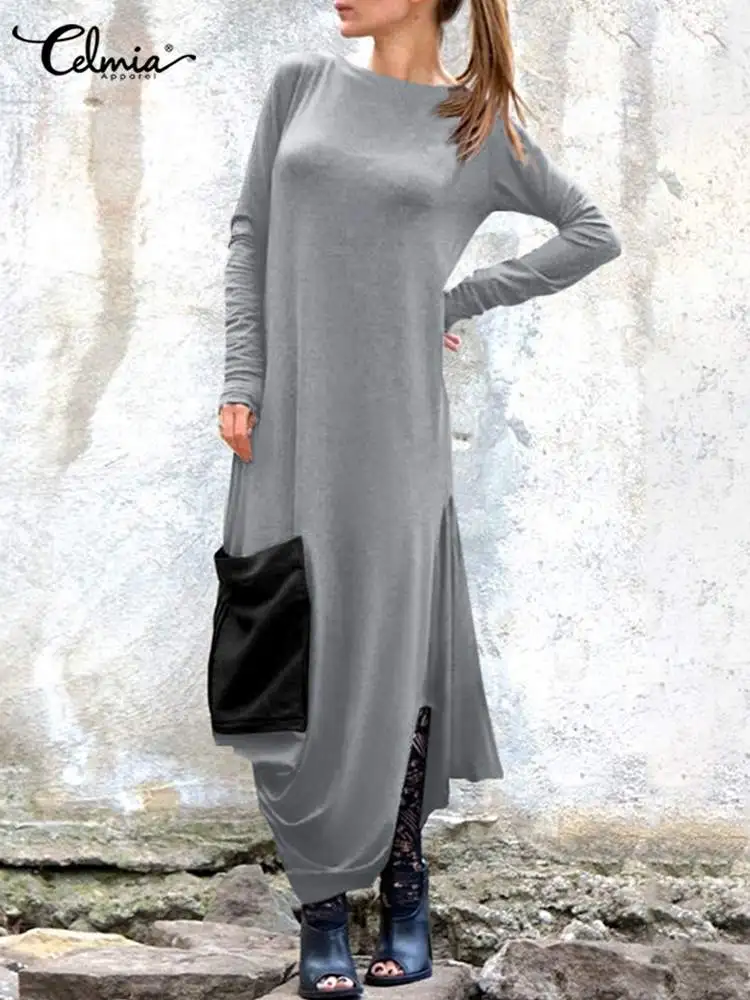 

Celmia женские эластичные трикотажные платья, модные платья с длинным рукавом, повседневное женское платье с О-образным вырезом и большими кар...