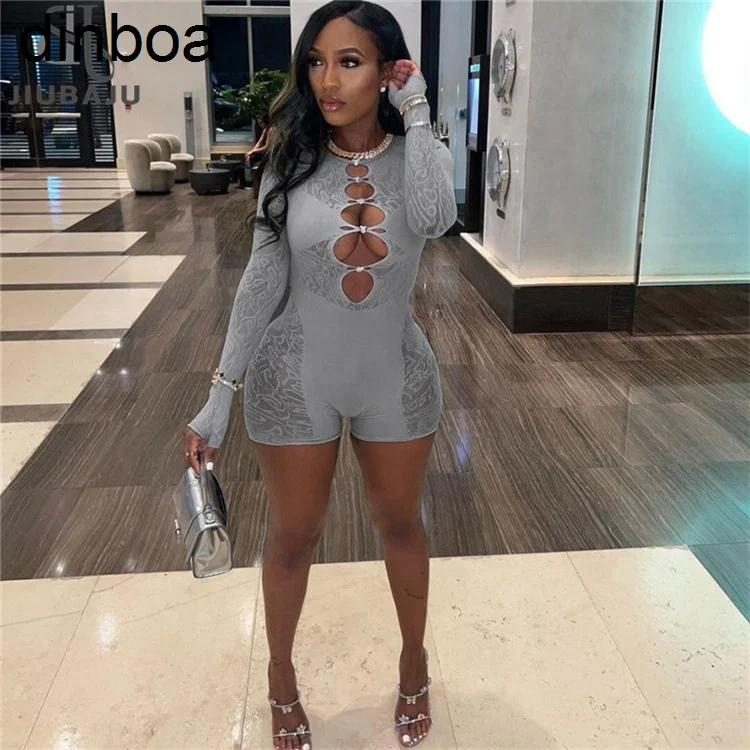 

Dinboa Knitted Solid Hollow Out Playsuit Women Sexy Body-shaping Full Sleeve O-neck One Piece Female Party Jumpsuit