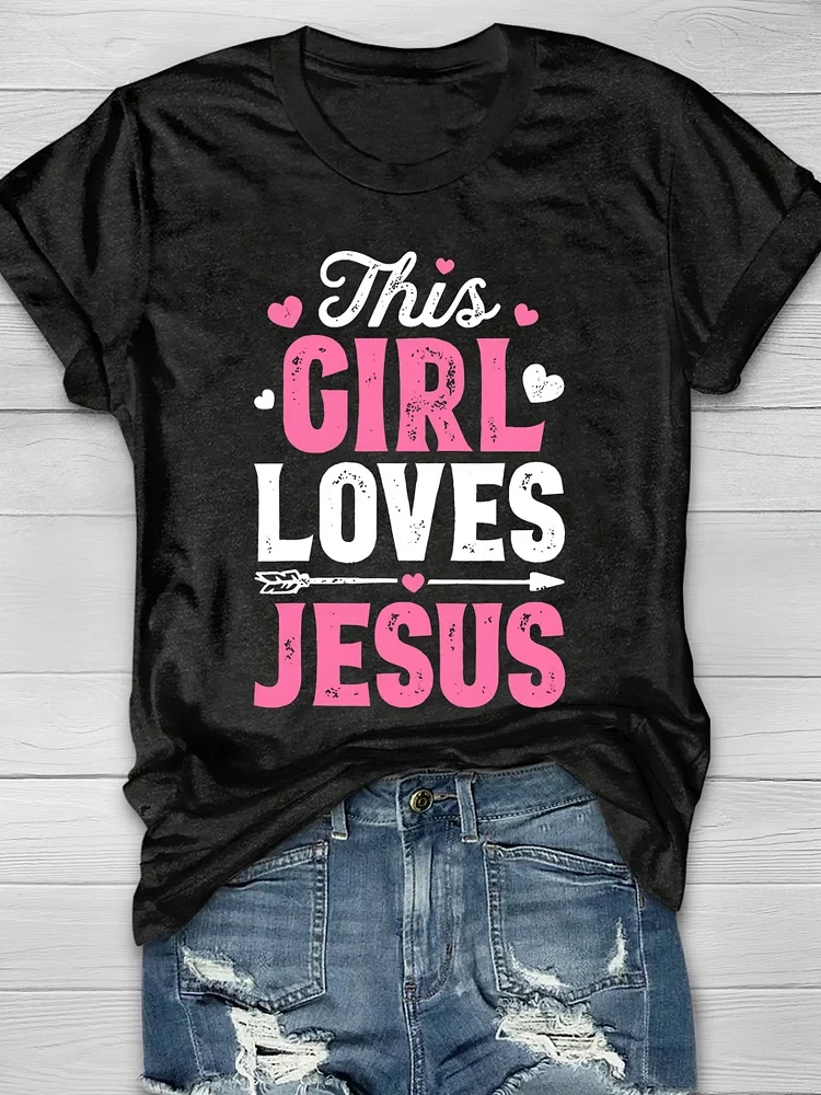 

Rheaclots Women's THIS GIRL LOVES JESUS Print O-Neck Short Sleeve T-Shirt