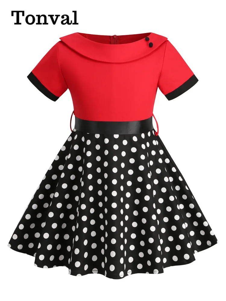 

Tonval Two Tone Patchwork Polka Dot 1950s Style Girls Dresses O-Neck Short Sleeve Belted Cotton A-Line Kids Vintage Dress