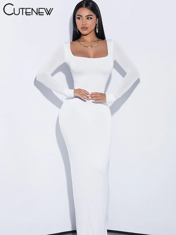 

Платье-Макси женское однотонное с длинным рукавом и U-образным вырезом