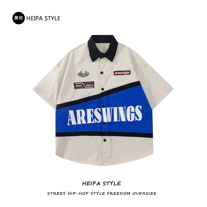 Original American retro embroidery heavy locomotive short sleeved shirt men's fashion brand summer fried Street niche racing 3 Original American retro embroidery heavy locomotive short sleeved shirt men's fashion brand summer fried Street niche racing 3