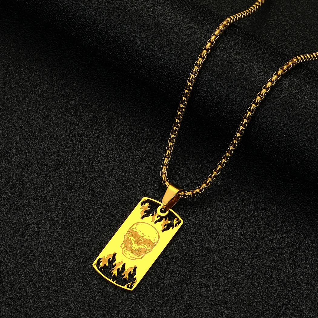 

CHENGXUN Stainless Steel Skull Necklace Skull Dog Tag Pendant Skull and Flames Necklaces for Men and Women