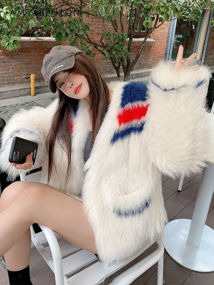 Autumn and Winter New Wool Woven Fur Coat for Female Contrast Color Fashion Wool Coat Ladies High Brand Wool Jackets Women